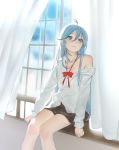  1girl blue_eyes blue_hair closed_mouth commentary denpa_onna_to_seishun_otoko long_hair mi8pq off_shoulder sitting skirt smile solo touwa_erio window 