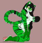  2019 4_toes 5_fingers anthro black_hair black_nipples braided_hair digital_media_(artwork) excitedcargoyle felid female fingers fur green_fur hair hi_res kneeling long_hair looking_at_viewer mammal nipples nude pantherine simple_background smile solo stripes tiger toes yellow_eyes 