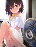  1girl alternate_costume alternate_hairstyle blue_shorts blurry brown_eyes brown_hair casual commentary_request dated depth_of_field electric_fan feet_out_of_frame hair_down head_tilt kantai_collection koruri looking_at_viewer sendai_(kantai_collection) shirt short_hair shorts signature sitting solo sweat tatami white_shirt window yellow_towel 