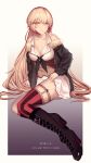  1girl absurdres aogi_(pixiv9459043) bangs bare_shoulders black_footwear black_jacket blonde_hair boots braid breasts cleavage closed_mouth collarbone commentary eyebrows_visible_through_hair girls_frontline highres jacket large_breasts long_hair looking_at_viewer ots-14_(girls_frontline) single_thighhigh sitting skirt smile solo thighhighs very_long_hair white_skirt yellow_eyes 