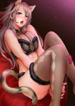  1girl animal_ears ass bangs black_legwear blush breasts cat_ears cat_tail cleavage doumou fake_animal_ears fur_trim grey_hair long_hair looking_at_viewer lying on_back open_mouth original solo sweat tail thighhighs tongue tongue_out yellow_eyes 