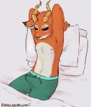  2019 absurd_res animal_crossing antelope anthro beau_(animal_crossing) bed bovid bulge clothed clothing eyes_closed fur hi_res horn male mammal nintendo nipples open_mouth pillow rainbowsprinklesart simple_background solo video_games 