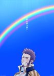  1boy beard blush brown_hair chest clear_sky epaulettes facial_hair fate/grand_order fate_(series) highres jacket long_sleeves looking_at_viewer male_focus napoleon_bonaparte_(fate/grand_order) open_clothes open_jacket rainbow simple_background sky smile solo suzuki80 teeth text_focus uniform 
