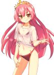  1girl absurdres ass_visible_through_thighs bangs bikini bikini_under_clothes black_bikini blush breasts brown_eyes cleavage closed_mouth collarbone eyebrows_visible_through_hair fingernails hair_between_eyes hand_up highres long_hair medium_breasts navel nyama oda_nobunaga_(sengoku_collection) pink_hair see-through sengoku_collection shirt short_sleeves simple_background smile solo swimsuit tiara tied_shirt very_long_hair wet wet_clothes wet_shirt white_background white_shirt 