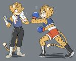  anthro ash_(yeahbeezii) athletic band-aid bandage beezii bodily_fluids bottomwear boxing boxing_gloves bra cellphone cheetah clothing felid feline female grey_background handwear hi_res mammal phone shorts simple_background solo sport sports_bra spots sweat towel underwear 