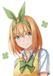  1girl absurdres bangs blonde_hair blue_eyes bow breasts closed_mouth clover collared_shirt commentary eyebrows_visible_through_hair four-leaf_clover go-toubun_no_hanayome green_ribbon hair_between_eyes hair_ribbon highres looking_at_viewer medium_hair nakano_yotsuba portrait red_bow redpoke ribbon shirt short_sleeves simple_background smile solo vest white_background white_shirt wing_collar 