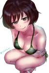  1girl akiyama_yukari bangs bikini blurry blurry_background breast_hold breasts brown_eyes brown_hair camouflage camouflage_bikini cleavage closed_mouth collarbone commentary crossed_arms girls_und_panzer green_bikini half-closed_eyes head_tilt highres looking_at_viewer medium_breasts messy_hair sandals short_hair side-by-side simple_background smile solo squatting swimsuit takefu_jiin twitter_username wet white_background white_footwear 