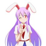  1girl ;3 animal_ears arm_behind_back arm_up blue_skirt bunny_ears cato_(monocatienus) cowboy_shot finger_gun furrowed_eyebrows hair_between_eyes head_tilt lavender_hair long_hair necktie one_eye_closed pointing pointing_at_viewer red_eyes red_neckwear reisen_udongein_inaba shirt short_sleeves sidelocks simple_background skirt solo standing touhou untucked_shirt very_long_hair white_background white_shirt 