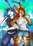  5_fingers anthro blue_hair blue_tongue breasts clothed clothing duo eyes_closed felid female fingers hair hi_res inner_ear_fluff leopard lycangel mammal open_mouth pantherine red_hair standing teeth tongue unknown_species 