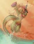  avencri bikini clothing cloud crocodile crocodilian crocodylid female hair one_eye_closed reptile scalie sea sky solo swimwear water water_balloon water_gun wink 