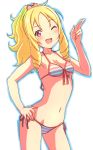  1girl ;d absurdres bangs bare_arms bare_shoulders bikini blonde_hair blush bow braid breasts collarbone contrapposto eromanga_sensei eyebrows_visible_through_hair fingernails front-tie_bikini front-tie_top groin hair_bow hand_on_hip hand_up high_ponytail highres long_hair navel nyama one_eye_closed open_mouth pink_bow ponytail red_eyes side-tie_bikini sidelocks small_breasts smile solo striped striped_bikini swimsuit twin_braids upper_teeth white_background yamada_elf 