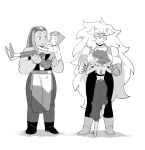  4girls back bismuth_(steven_universe) boots carrying chest_jewel cropped_jacket forehead_jewel gem greyscale hairlocs horns hug jacket jasper_(steven_universe) lapis_lazuli_(steven_universe) leg_up long_hair looking_at_another looking_down monochrome multiple_girls nano8 pearl_(steven_universe) pelvic_curtain princess_carry sandals short_hair simple_background size_difference spoilers steven_universe sweatdrop very_long_hair 