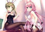  2girls animal_ears aqua_eyes ass black_legwear black_leotard black_neckwear blonde_hair bow bowtie breasts bunny_ears bunny_girl bunny_tail bunnysuit cleavage commentary_request detached_collar green_eyes hair_between_eyes hair_bobbles hair_bun hair_ornament indoors inuyama_aoi kagamihara_nadeshiko kmcgold30 large_breasts leotard looking_at_viewer low_twintails medium_breasts multiple_girls pantyhose pink_hair side_ponytail sitting strapless strapless_leotard tail twintails waving white_leotard wrist_cuffs yurucamp 