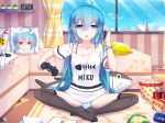  1girl ahoge bag_of_chips bed bilibili_douga blue_eyes blue_hair blue_sky brand_name_imitation cactus can cellphone character_name chips clock coca-cola collarbone commentary controller digital_clock fish fish_bone food game_controller hatsune_miku highres holding holding_controller holding_phone hwh666 indoors jewelry long_hair looking_at_viewer open_mouth panties pepsi phone pillow plant popcorn potato_chips potted_plant ring room shirt sky smartphone soda_can striped striped_panties t-shirt talking_on_phone thighhighs tissue_box underwear very_long_hair vocaloid window 