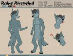  2019 anthro canid canine canis digital_media_(artwork) english_text fur green_eyes hair hi_res male mammal model_sheet raine_riverwind rainingrush simple_background smile solo text wolf 