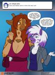  2019 anthro ask_blog blue_eyes blush bracelet breast_size_difference breasts brown_eyes brown_hair cleavage clothed clothing conditional_dnp dialogue diamond_(kadath) dress duo ear_piercing english_text equid equine female giraffe giraffid hair hand_on_hip jacket jewelry kadath mammal necklace piercing puzzle_(kadath) text topwear zebra 