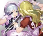  2girls :p apron bangs blonde_hair blue_dress blue_eyes bow braid commentary_request dress eyebrows_visible_through_hair face-to-face from_behind gradient gradient_background green_bow green_neckwear grey_background hair_between_eyes hair_bow holding holding_knife holding_sword holding_weapon izayoi_sakuya knife long_hair looking_at_another maid maid_apron maid_headdress multiple_girls nail_polish piyodesu puffy_short_sleeves puffy_sleeves red_dress red_nails reverse_grip shirt short_hair short_sleeves silver_hair smile sword tongue tongue_out touhou touhou_(pc-98) twin_braids upper_body very_long_hair waist_apron weapon white_apron white_background white_shirt wrist_cuffs yumeko 
