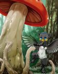  avian blue_eyes breasts claws feathers featureless_breasts featureless_crotch female forest fungus grass gryphon hi_res mushroom navel open_mouth outside plant scared shrub tentacles tree wet yojoo 