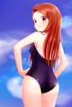  1girl blue_sky blue_swimsuit blurry blurry_background blush breasts brown_hair clenched_teeth cloud cowboy_shot hands_on_hips highres idolmaster idolmaster_(classic) lens_flare long_hair looking_at_viewer minase_iori red_eyes runmo77 school_swimsuit shiny shiny_hair shiny_swimsuit sky small_breasts solo standing swimsuit teeth very_long_hair 