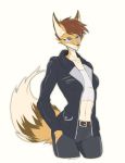  2019 anthro belt blue_eyes breasts brown_fur brown_hair canid canine clothed clothing female fluffy fluffy_tail fox fur hair hi_res hunglee jacket mammal navel portrait short_hair simple_background solo tan_fur three-quarter_portrait topwear white_background 