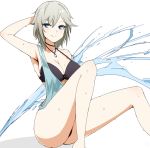  1girl anastasia_(idolmaster) armpits bikini black_bikini blue_eyes breasts cleavage closed_mouth collarbone eyebrows_visible_through_hair hair_between_eyes hand_behind_head idolmaster idolmaster_cinderella_girls jewelry looking_at_viewer medium_breasts necklace senju_(snz0) shiny shiny_hair short_hair sideboob silver_hair simple_background sitting smile solo sweat swimsuit white_background 