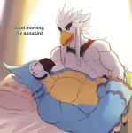  absurd_res avian bed bedroom blush breath_of_the_wild dialogue duo eye_contact feathers ghangaji hi_res kass_(tloz) looking_at_another male muscular muscular_male nintendo nude on_bed rito teba_(tloz) the_legend_of_zelda video_games 