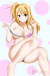  1girl alfred_cullado bangs banned_artist bikini blonde_hair blush breasts brown_eyes closed_mouth collarbone covered_nipples eyebrows_visible_through_hair fairy_tail hair_between_eyes highres large_breasts long_hair looking_at_viewer lucy_heartfilia patreon_logo shiny shiny_hair side_ponytail sitting smile solo swept_bangs swimsuit underboob watermark white_bikini 
