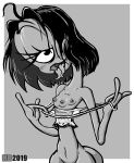  1_eye 2019 2_tongues 3_breasts 3_fingers 3_legs alien border breasts clothed clothing crossdressing crossgender disney eyelashes fingers grey_background greyscale half-closed_eyes hentai_boy lilo_and_stitch looking_at_viewer male monochrome multi_breast navel nipples nude outside_border pleakley plorgonarian simple_background undressing white_border wig 