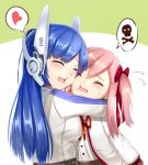  2girls artist_request blue_hair blush cheek-to-cheek commentary_request eyebrows_visible_through_hair girls_frontline glomp heart hug multiple_girls negev_(girls_frontline) pink_hair skull_and_crossbones speech_bubble tar-21_(girls_frontline) younger 