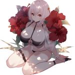  1girl azur_lane bangs bikini black_bikini black_footwear blush breasts choker cleavage collarbone eyebrows_visible_through_hair flower hair_between_eyes hibiscus highres huge_breasts kisui_(user_wswf3235) large_breasts looking_at_viewer navel o-ring o-ring_top open_toe_shoes red_eyes red_flower scrunchie shadow sheer_clothes short_hair simple_background sirius_(azur_lane) sirius_(midsummer_seirios)_(azur_lane) sitting solo swimsuit thigh_strap wariza white_background white_hair white_scrunchie wrist_scrunchie 