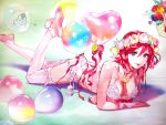  1girl barefoot bikini blue_eyes breasts choker cleavage collarbone flower full_body hair_between_eyes hair_flower hair_ornament halterneck head_wreath heart_balloon highres jewelry kaname_buccaneer looking_at_viewer lying macross macross_delta medium_breasts necklace on_stomach parted_lips pink_flower red_hair red_lips ribbon shimatani_azu shiny shiny_hair short_hair side-tie_bikini smile soles solo swimsuit thighhighs white_background white_bikini white_flower white_legwear white_ribbon 