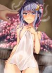  1girl 1other ahoge blue_eyes blurry blurry_background blurry_foreground blush cherry_blossoms cowboy_shot crescent crescent_hair_ornament depth_of_field embarrassed eyebrows_visible_through_hair fence hair_between_eyes hair_ornament highres holding holding_towel kantai_collection long_hair looking_at_viewer naked_towel natsu_narumi onsen open_mouth pov purple_hair rock short_hair_with_long_locks solo steam towel yayoi_(kantai_collection) 