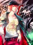  black_headwear gabuccc graffiti hand_in_pocket hat highres ittoki_otoya jacket_on_shoulders long_sleeves looking_at_viewer male_focus pants red_eyes red_hair red_pants shirt signature smile uta_no_prince-sama white_shirt 