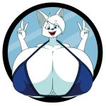  anthro big_breasts bikini breasts canid canine clothing featureless_crotch female gesture huge_breasts hyper hyper_breasts looking_at_viewer mammal nipple_outline open_mouth smile solo spazman swimwear v_sign 