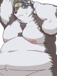  3:4 accessory anthro arm_above_head belly blush bodily_fluids canid canine canis chest_fur fupa headband horkeukamui inverted_nipples male mammal moobs navel nipples obese obese_male one_eye_closed overweight overweight_male pink_nipples scar simple_background solo sweat tokyo_afterschool_summoners umyuta video_games wolf 
