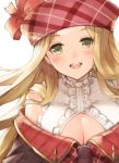  1girl :d bare_shoulders blonde_hair blush breasts cleavage cleavage_cutout commentary_request diola_(granblue_fantasy) frilled_shirt frills granblue_fantasy green_eyes hat hat_ribbon koretsuki_azuma large_breasts long_hair looking_at_viewer off_shoulder open_mouth pink_ribbon red_headwear ribbon shirt simple_background smile solo upper_body white_background white_shirt 