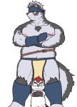  2019 accessory belt canid canine canis clothing crossed_arms duo hair headband horkeukamui hyaenid inverted_nipples loincloth mammal navel nipples red_hair size_difference slightly_chubby tokyo_afterschool_summoners umyuta video_games wolf 