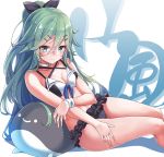  1girl alternate_costume aqua_eyes bangs bare_shoulders bikini black_ribbon blush breasts cleavage closed_mouth collarbone commentary_request green_hair hair_between_eyes hair_ornament hair_ribbon hairclip kantai_collection konnyaku_(kk-monmon) long_hair looking_at_viewer navel parted_bangs ponytail ribbon sidelocks sitting solo stomach sweatdrop swimsuit thighs wristband yamakaze_(kantai_collection) 