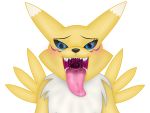  4:3 absurd_res alpha_channel blue_eyes blush bodily_fluids canid digimon digimon_(species) drooling emu34b female fur hi_res mammal mouth_shot renamon saliva sharp_teeth solo teeth tongue tongue_out vector yellow_fur 