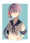  1girl 8ne_(nitika127) akebono_(kantai_collection) bell blue_background blue_sailor_collar border expressionless flower hair_bell hair_flower hair_ornament hand_on_hip jingle_bell kantai_collection long_hair neckerchief purple_eyes purple_hair sailor_collar school_uniform serafuku short_sleeves side_ponytail solo two-tone_background very_long_hair white_border 