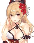  1girl bare_shoulders bikini bikini_pull black_bow blonde_hair bow breasts cleavage collarbone commentary_request criss-cross_halter flower granblue_fantasy hair_between_eyes hair_bow hair_flower hair_ornament halterneck hand_up hibiscus long_hair looking_at_viewer medium_breasts parted_lips ponytail red_eyes red_flower sidelocks simple_background smile solo swimsuit upper_body vira_lilie white_background white_bikini yuzuttan 