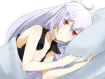  1girl ahoge black_shirt breasts cleavage closed_mouth collarbone eyebrows_visible_through_hair hair_between_eyes highres isla_(plastic_memories) long_hair looking_at_viewer lying on_side open_clothes open_shirt pillow plastic_memories red_eyes senju_(snz0) shiny shiny_hair shirt silver_hair simple_background sleeveless sleeveless_shirt small_breasts smile solo under_covers upper_body very_long_hair white_background 