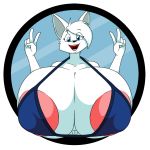  anthro areola big_breasts bikini breasts canid canine clothing featureless_crotch female gesture huge_breasts hyper hyper_breasts looking_at_viewer mammal nipple_outline open_mouth smile solo spazman swimwear v_sign 