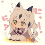  1girl :&lt; animal_ear_fluff animal_ears bangs beige_background black_hair blush capelet cat_ears cat_girl cat_tail chibi closed_mouth commentary_request eyebrows_visible_through_hair fate/grand_order fate_(series) green_eyes grey_hair hair_between_eyes highres kemonomimi_mode long_hair long_sleeves multicolored_hair muuran nagao_kagetora_(fate) solo striped_tail tail tail_raised translated two-tone_hair very_long_hair white_capelet wide_sleeves 