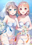  2girls :d ahoge bangs blue_bow blue_eyes blue_flower blue_legwear blue_panties blue_rose blush bouquet bow breasts brown_hair bustier cleavage collarbone commentary_request eyebrows_visible_through_hair flower glint gloves groin hand_up highleg highleg_panties highres holding holding_bouquet jewelry locked_arms love_live! love_live!_sunshine!! medium_breasts morerin multi-strapped_panties multiple_girls navel necklace open_mouth panties pink_bow pink_flower pink_rose red_eyes rose see-through smile strapless takami_chika thighhighs tiara underwear underwear_only veil watanabe_you white_flower white_gloves white_rose 