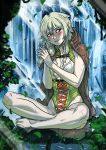  1girl barefoot blush boots_removed breasts cloak elf forest ganassa goblin_slayer goblin_slayer! green_eyes green_hair high_elf_archer_(goblin_slayer!) highres nature navel navel_cutout pointy_ears small_breasts smile solo sweat water waterfall 