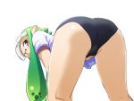  1girl ass bangs bent_over black_buruma blunt_bangs blush buruma commentary cowboy_shot crotch_seam eyebrows_visible_through_hair from_behind green_hair gym_shirt gym_uniform highres inkling kneepits looking_at_viewer looking_back pointy_ears red_eyes shirt simple_background solo splatoon_(series) standing tentacle_hair thighs toraneko555 white_background white_shirt 