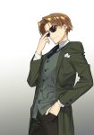  1boy absurdres adjusting_eyewear black_pants brown_hair closed_mouth cowboy_shot fate/grand_order fate_(series) green_jacket grey_background hair_intakes hand_in_pocket highres ikezawa_shin jacket koha-ace male_focus maxwell&#039;s_demon_(fate) pants pinstripe_pattern simple_background solo striped sunglasses 
