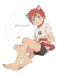 1boy 50off animal_ears barefoot bell bell_collar bike_shorts blush cat_ears cat_tail catboy collar fang feet full_body green_eyes looking_at_viewer male_focus original red_hair red_haired_catboy_(ikutsuki) simple_background solo tail twitter_username 