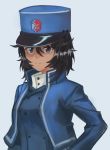  1girl absurdres andou_(girls_und_panzer) bangs bc_freedom_(emblem) bc_freedom_military_uniform black_hair blue_headwear blue_jacket blue_sweater blue_vest brown_eyes dark_skin emblem girls_und_panzer hat high_collar highres jacket long_sleeves looking_at_viewer medium_hair messy_hair naka_ewokakuyo shako_cap simple_background smile solo standing sweater vest 